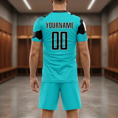 Person wearing a turquoise sports uniform with customizable name and number text in a locker room.