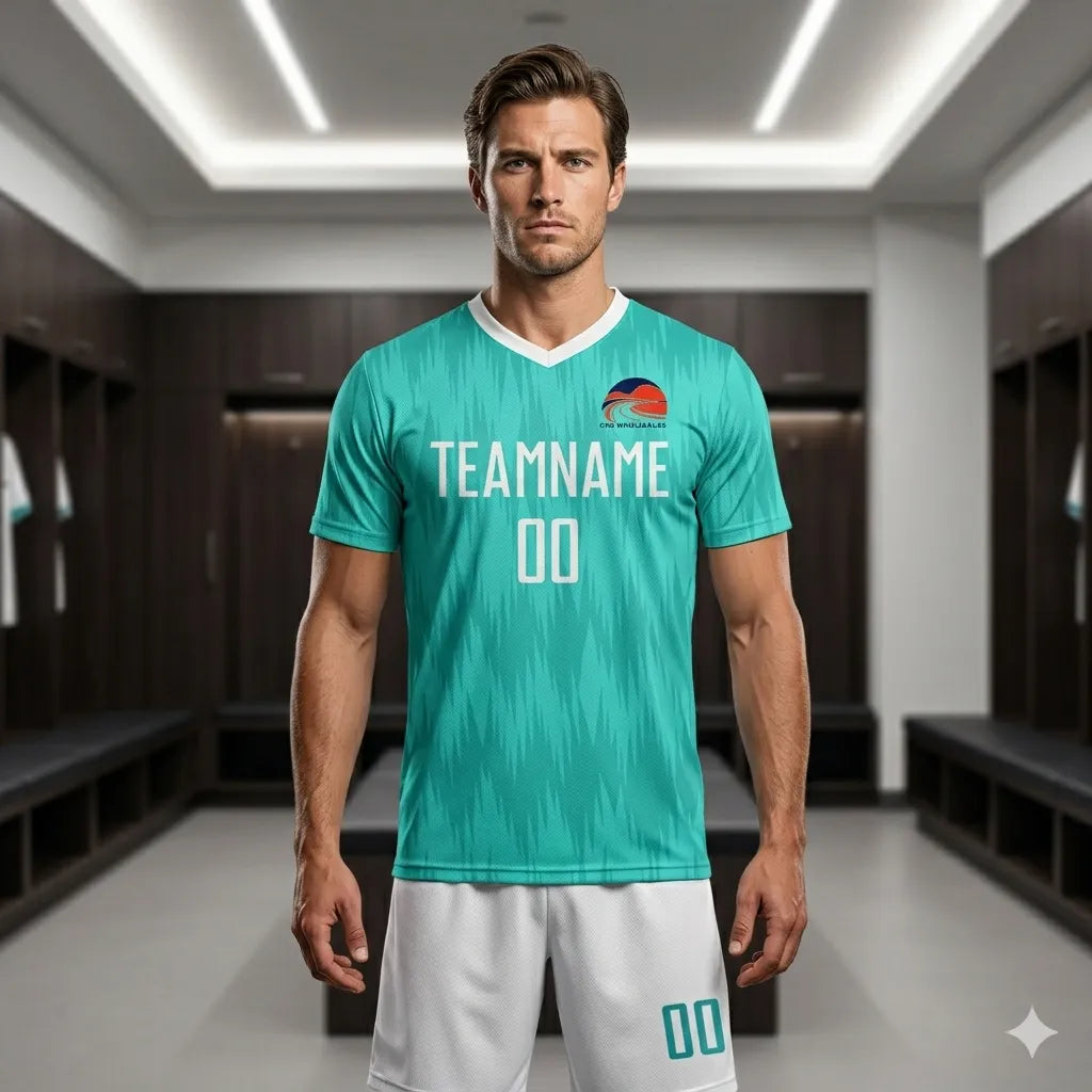 Man wearing a teal sports jersey with 'TEAMNAME' printed on it in a locker room.
