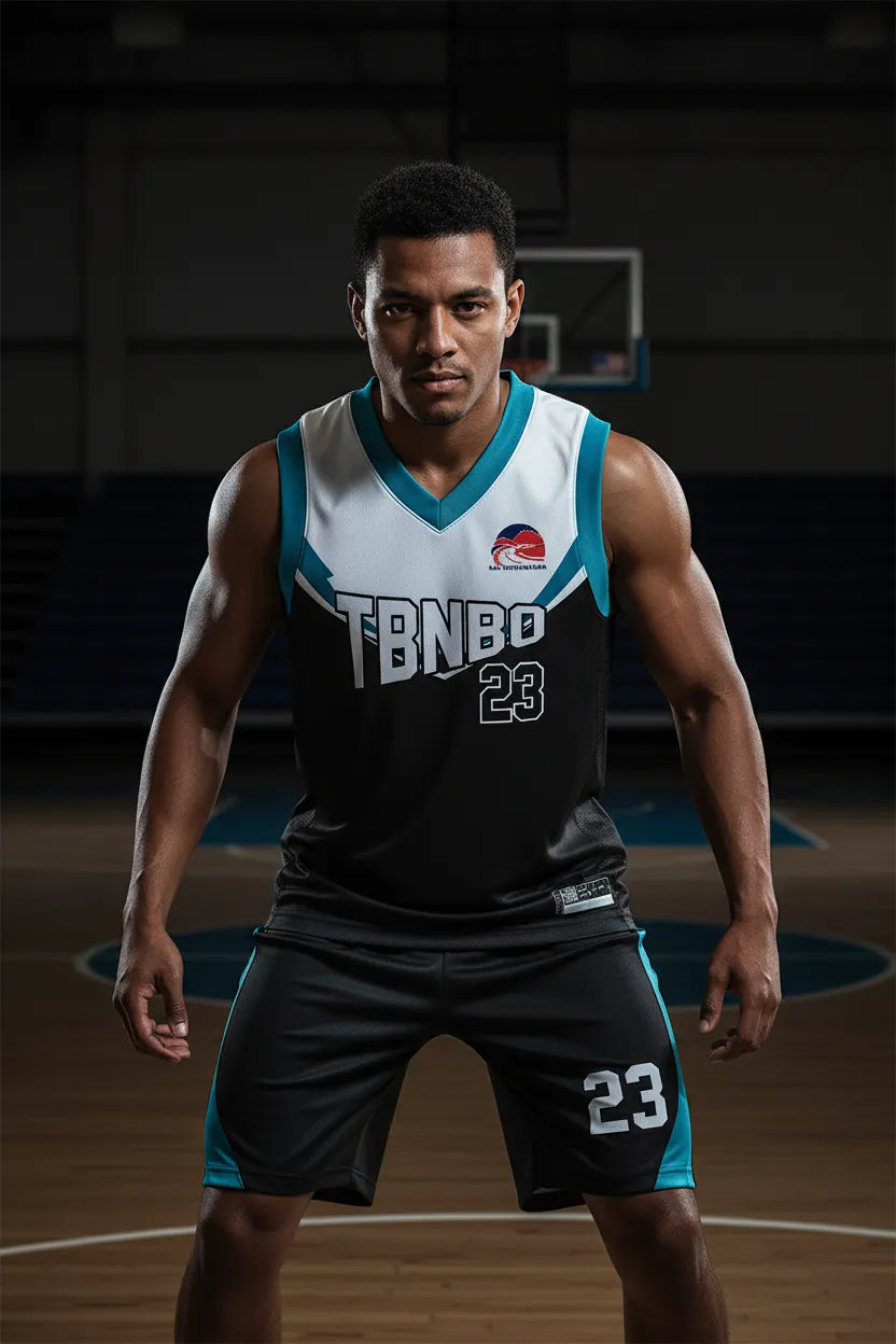 Custom black and blue basketball uniform, front view