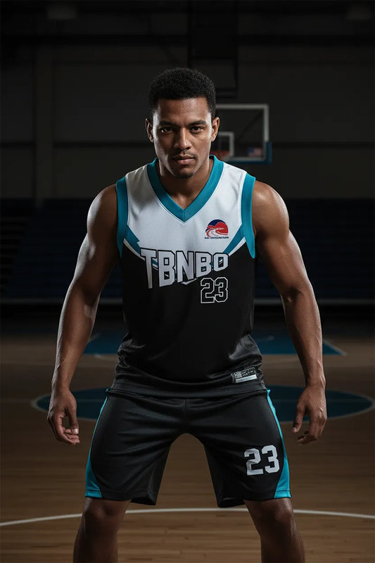 Custom black and blue basketball uniform, front view