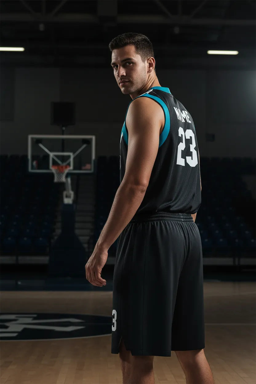 Custom black and blue basketball uniform, back view