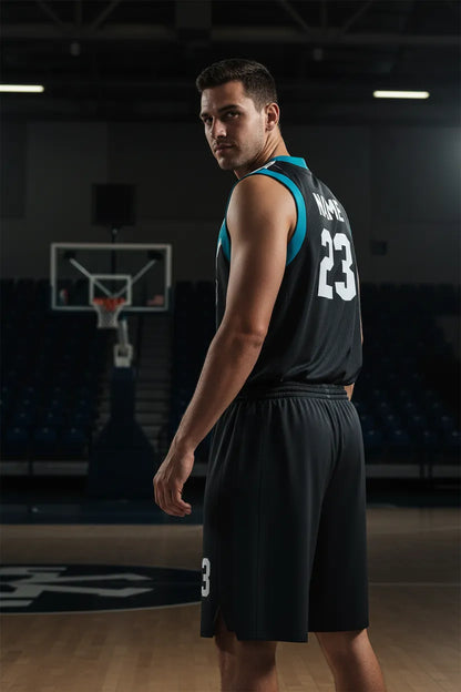 Custom black and blue basketball uniform, back view