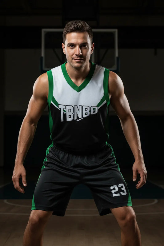 Custom black and green basketball uniform, front view