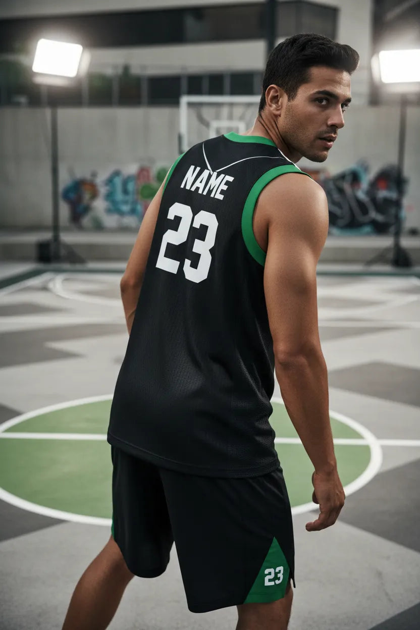 Custom black and green basketball uniform, back view