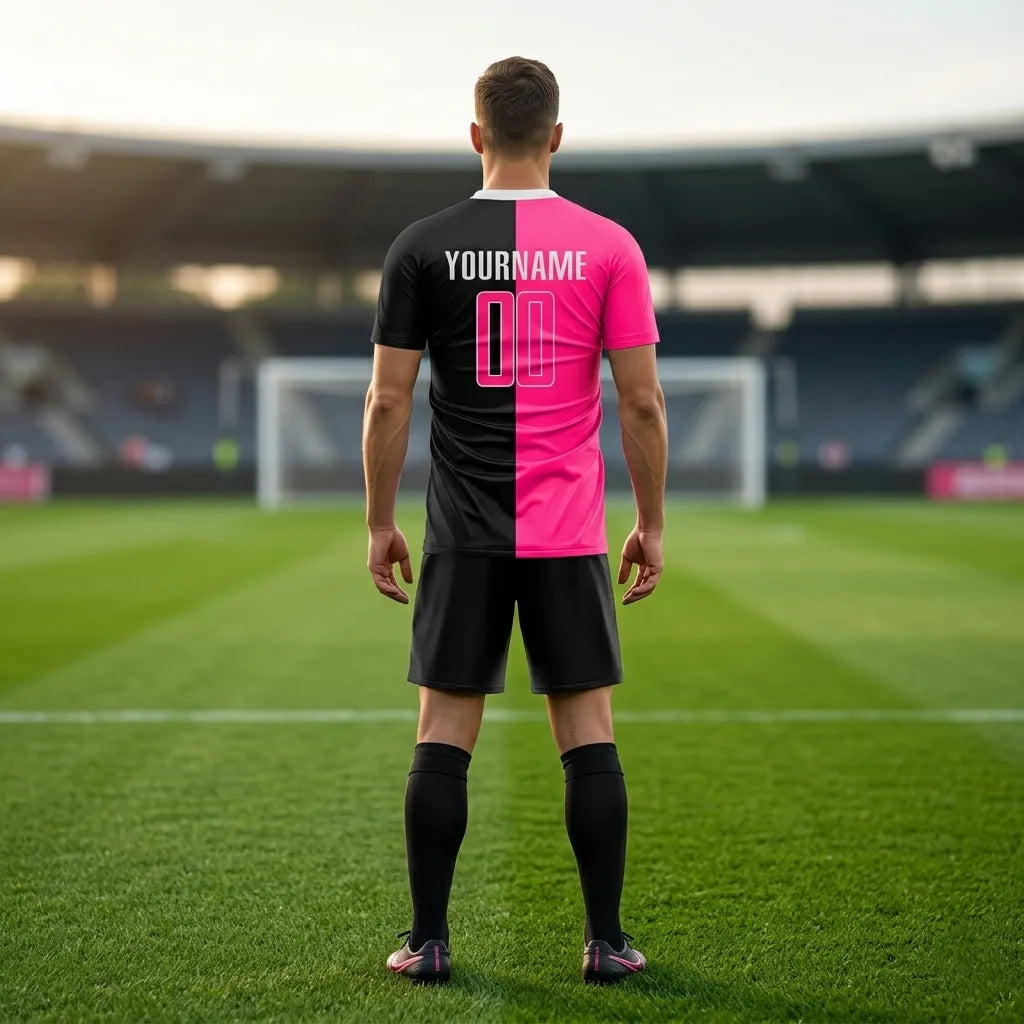 Person wearing a customizable soccer jersey on a football field