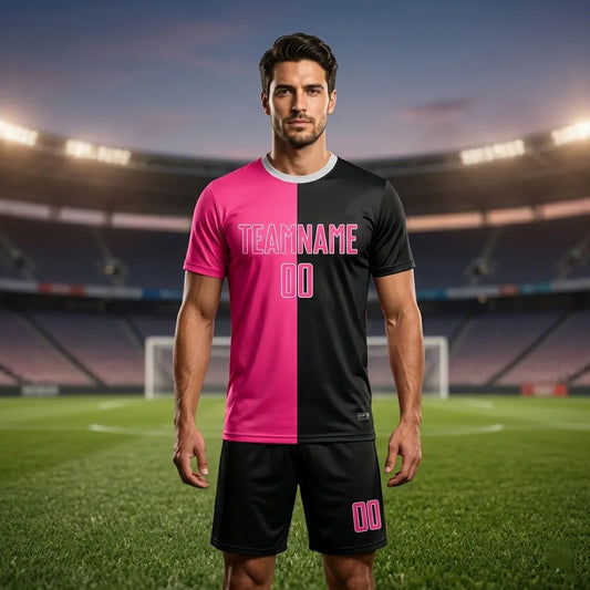 Man wearing a black and pink sports jersey with 'TEAMNAME' on a stadium background