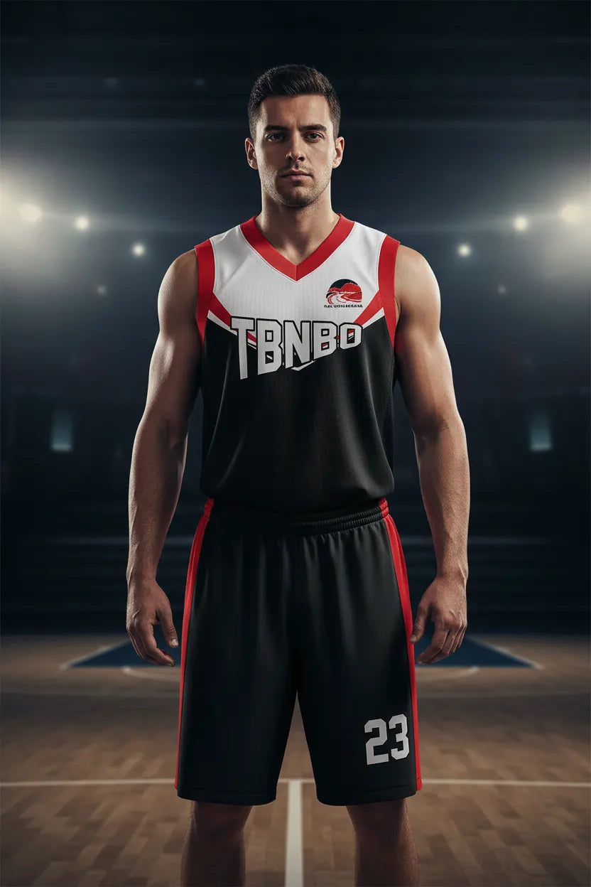 Custom black and red basketball uniform, front view