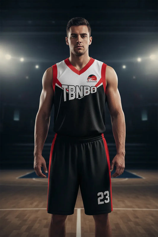 Custom black and red basketball uniform, front view