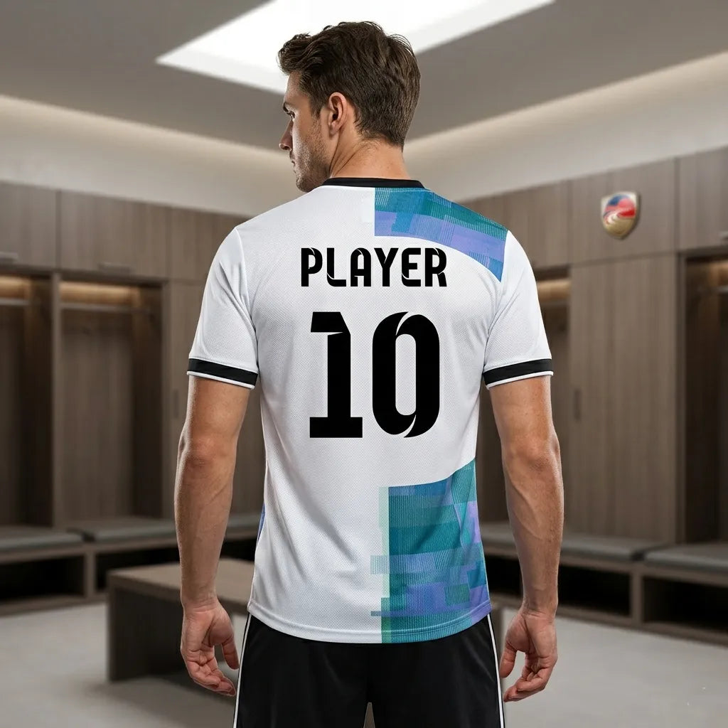 Person wearing a sports jersey with 'PLAYER' and number '10' in a locker room.