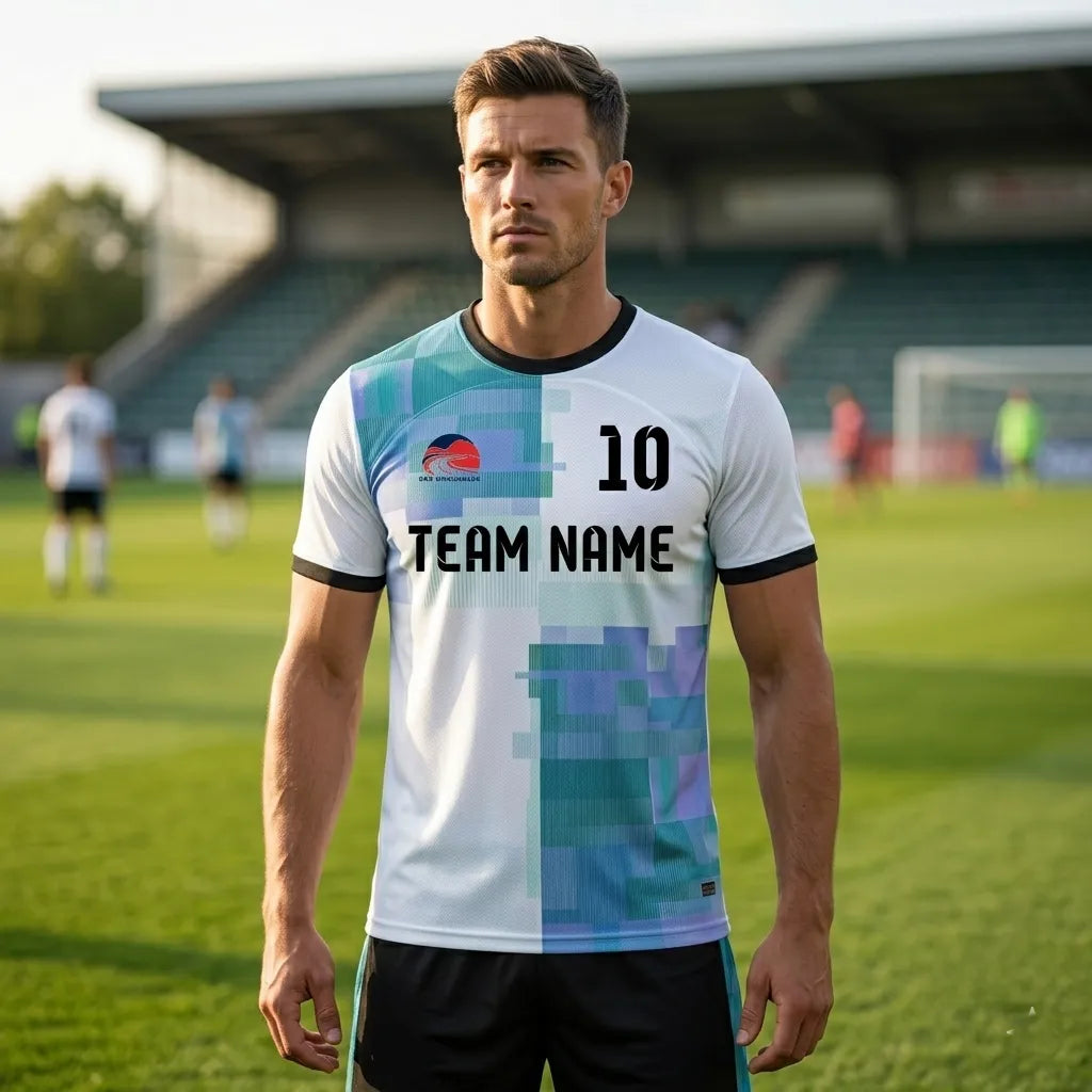 Man wearing a sports jersey with 'TEAM NAME' and number '10' on a soccer field.