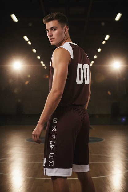 Custom brown basketball uniform, back view