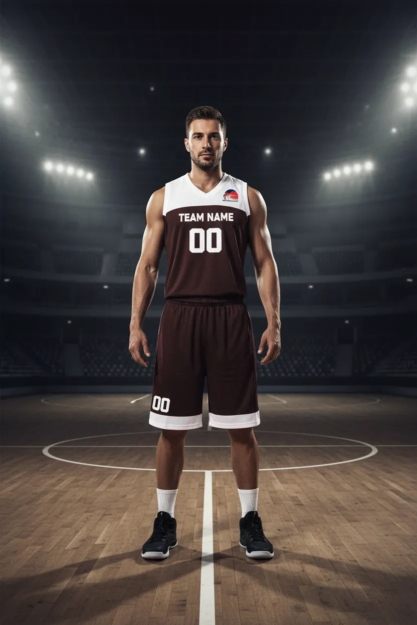 Custom brown basketball uniform, front view