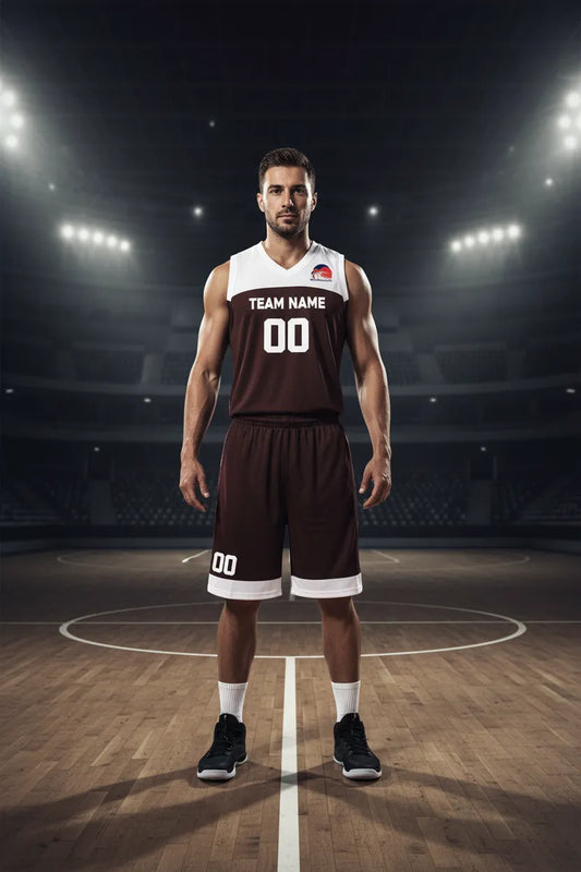 Custom brown basketball uniform, front view