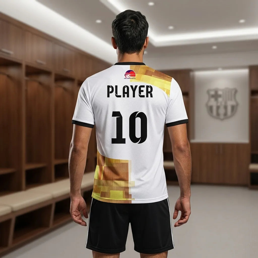 Person wearing a sports jersey with 'PLAYER' and number '10' in a locker room.
