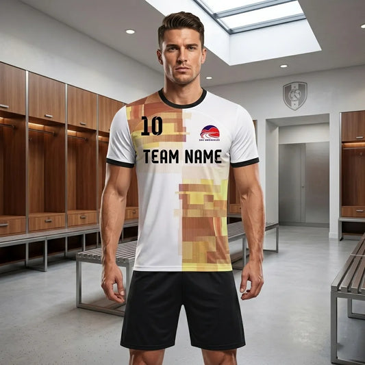 Man wearing a sports jersey with 'TEAM NAME' printed on it in a locker room.