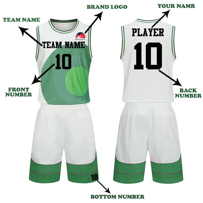 Custom green and white basketball uniform set