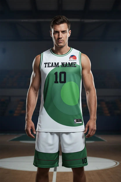 Custom green and white basketball uniform, front view