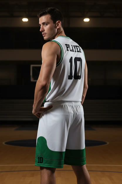 Custom green and white basketball uniform, back view