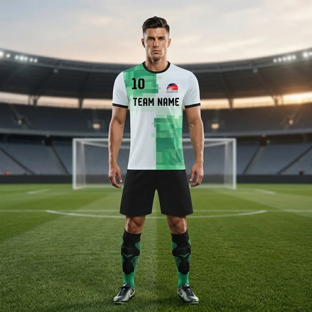 Person wearing a soccer jersey with 'Team Name' on a stadium background