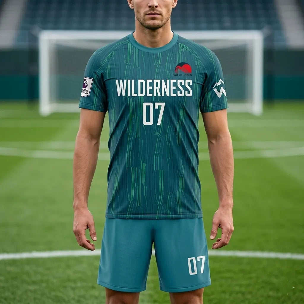 Person wearing a teal sports outfit with 'Wilderness 07' on a soccer field