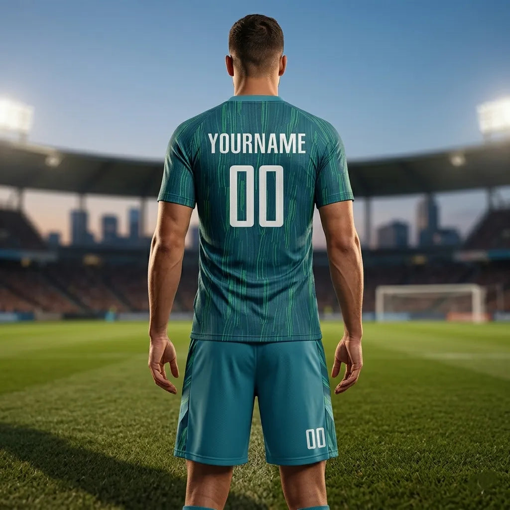 Person wearing a teal soccer jersey with customizable name and number on a stadium background