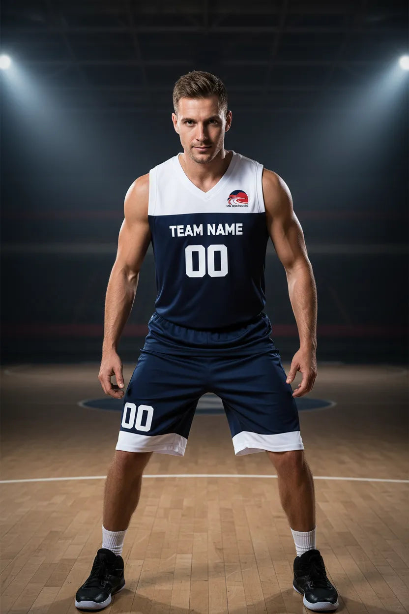Custom navy blue basketball uniform, front view