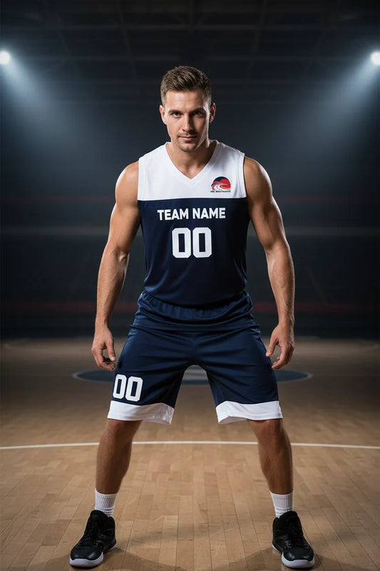Custom navy blue basketball uniform, front view