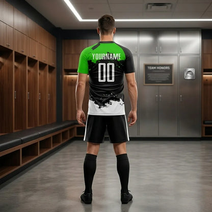 Person wearing a customizable sports jersey in a locker room setting