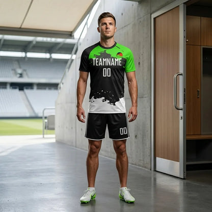 Man wearing a sports jersey and shorts in a hallway with stadium in the background