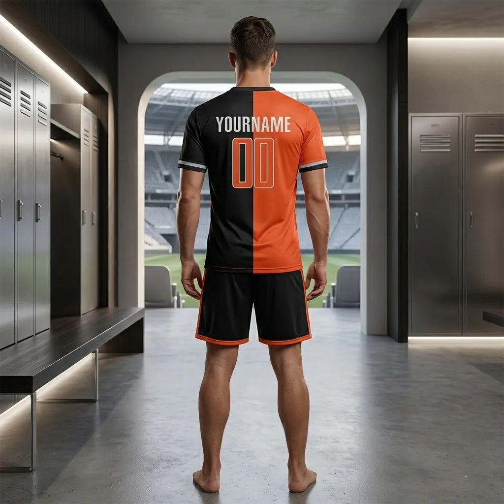 Person wearing a black and orange sports jersey with customizable text in a locker room.