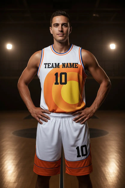 Custom orange and white basketball uniform, front view