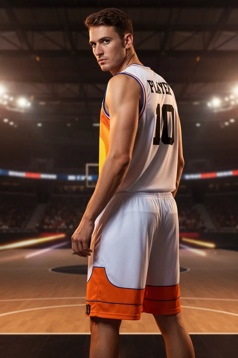 Custom orange and white basketball uniform, back view
