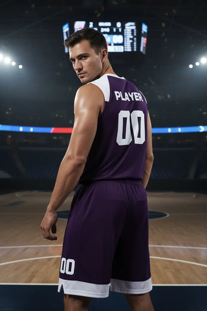 Custom purple basketball uniform, back view