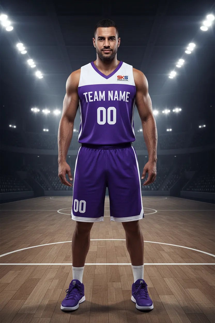 Custom purple basketball uniform, front view