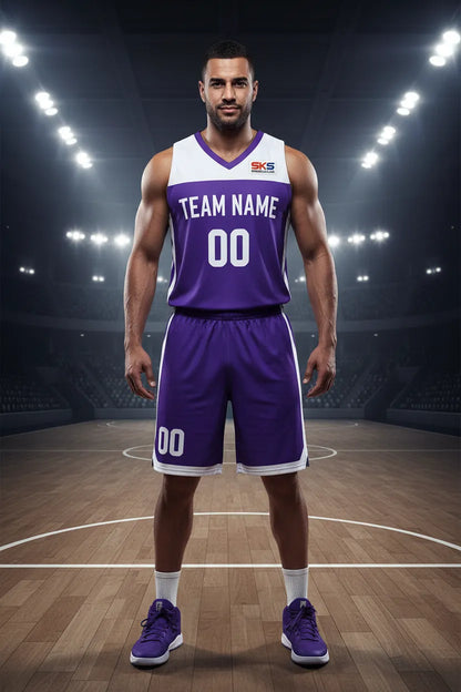 Custom purple basketball uniform, front view