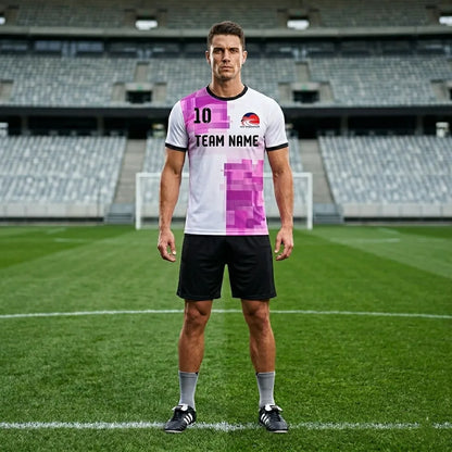 Man wearing a sports jersey with '10 TEAM NAME' on a soccer field