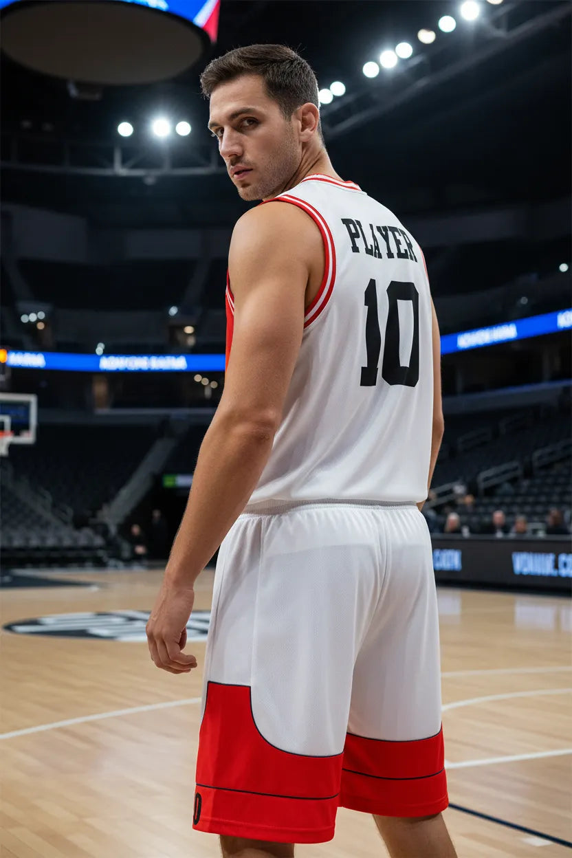 Custom red and white basketball uniform, back view