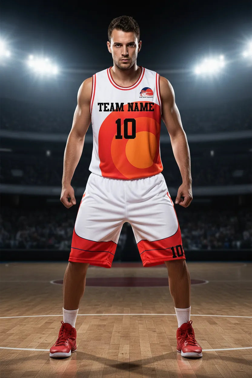 Custom red and white basketball uniform, front view