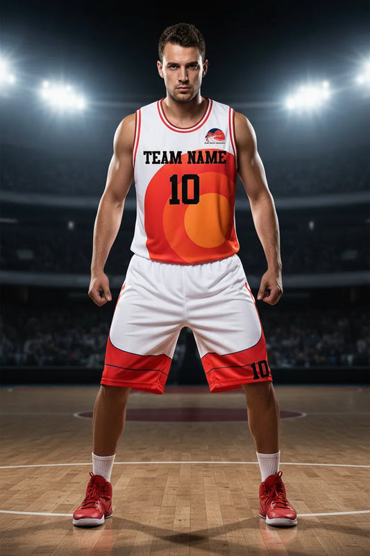 Custom red and white basketball uniform, front view