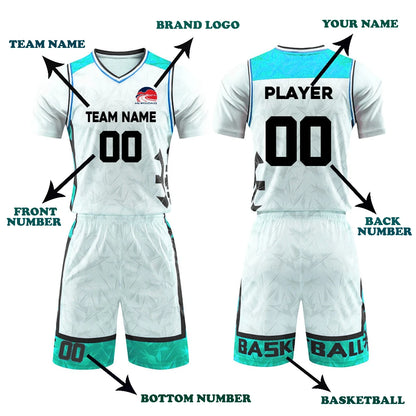 Custom white and aqua basketball uniform set