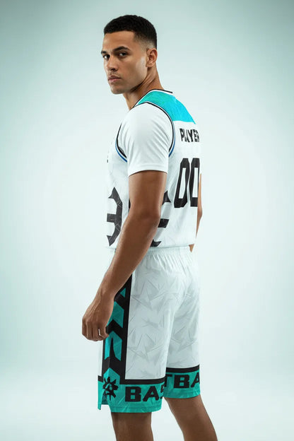 Custom white and aqua basketball uniform, back view