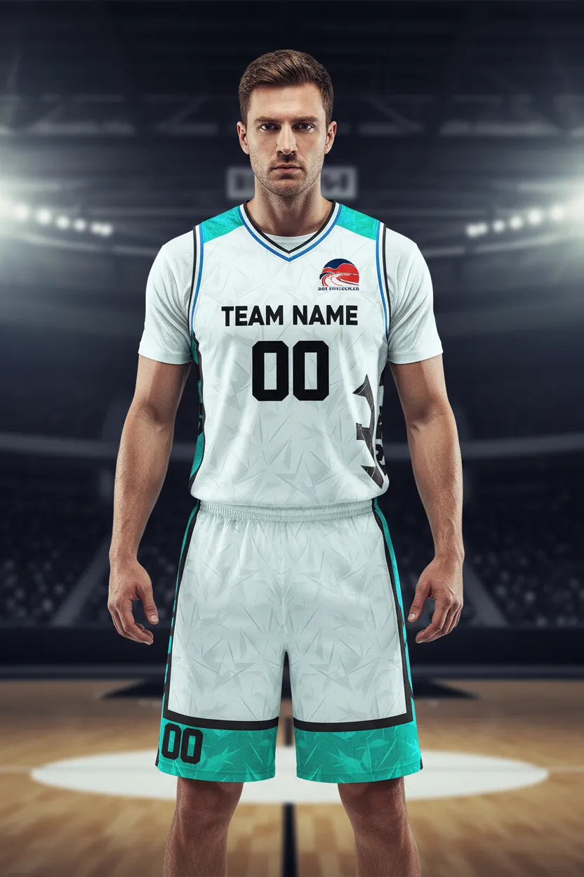 Custom white and aqua basketball uniform, front view