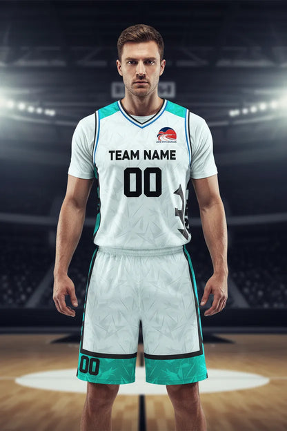 Custom white and aqua basketball uniform, front view