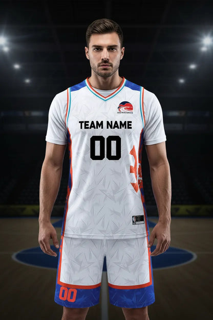 Custom white and blue basketball uniform, front view
