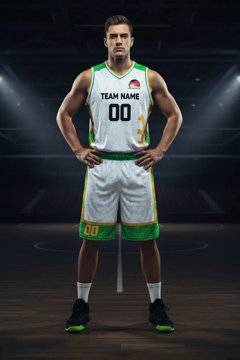Custom white and green basketball uniform, front view