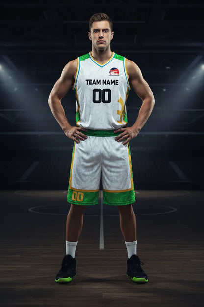 Custom white and green basketball uniform, front view