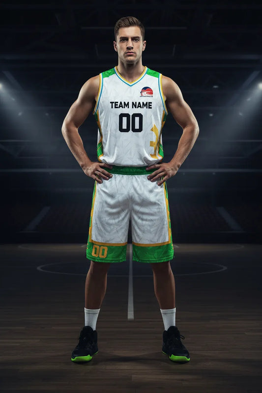 Custom white and green basketball uniform, front view