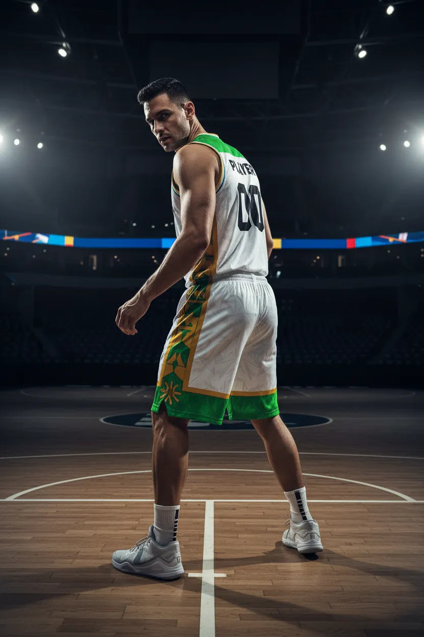 Custom white and green basketball uniform, back view