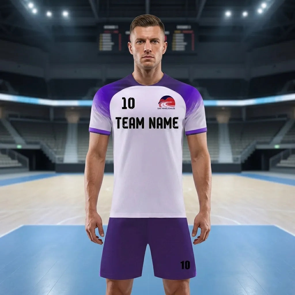 Person wearing a sports jersey with 'TEAM NAME' and number '10' on an indoor sports arena background