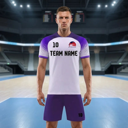 Person wearing a sports jersey with 'TEAM NAME' and number '10' on an indoor sports arena background